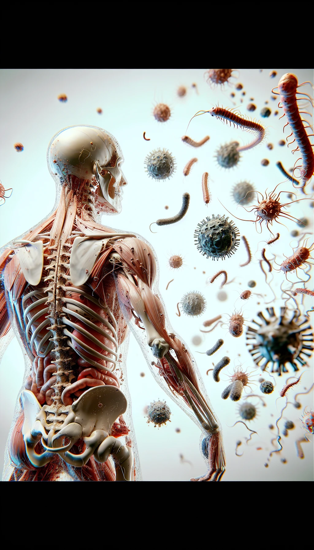 corpo umano anatomico di profilo con virus e parassiti che cercano di attaccarlo , isolato su sfondo bianco, iperrealistico 4k emoji