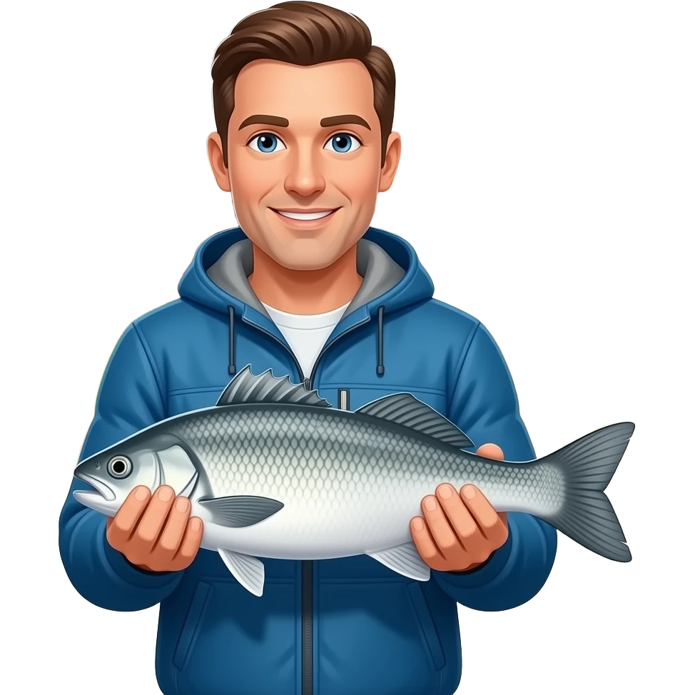 a guy holding a fish in his flooded driveway at his house emoji