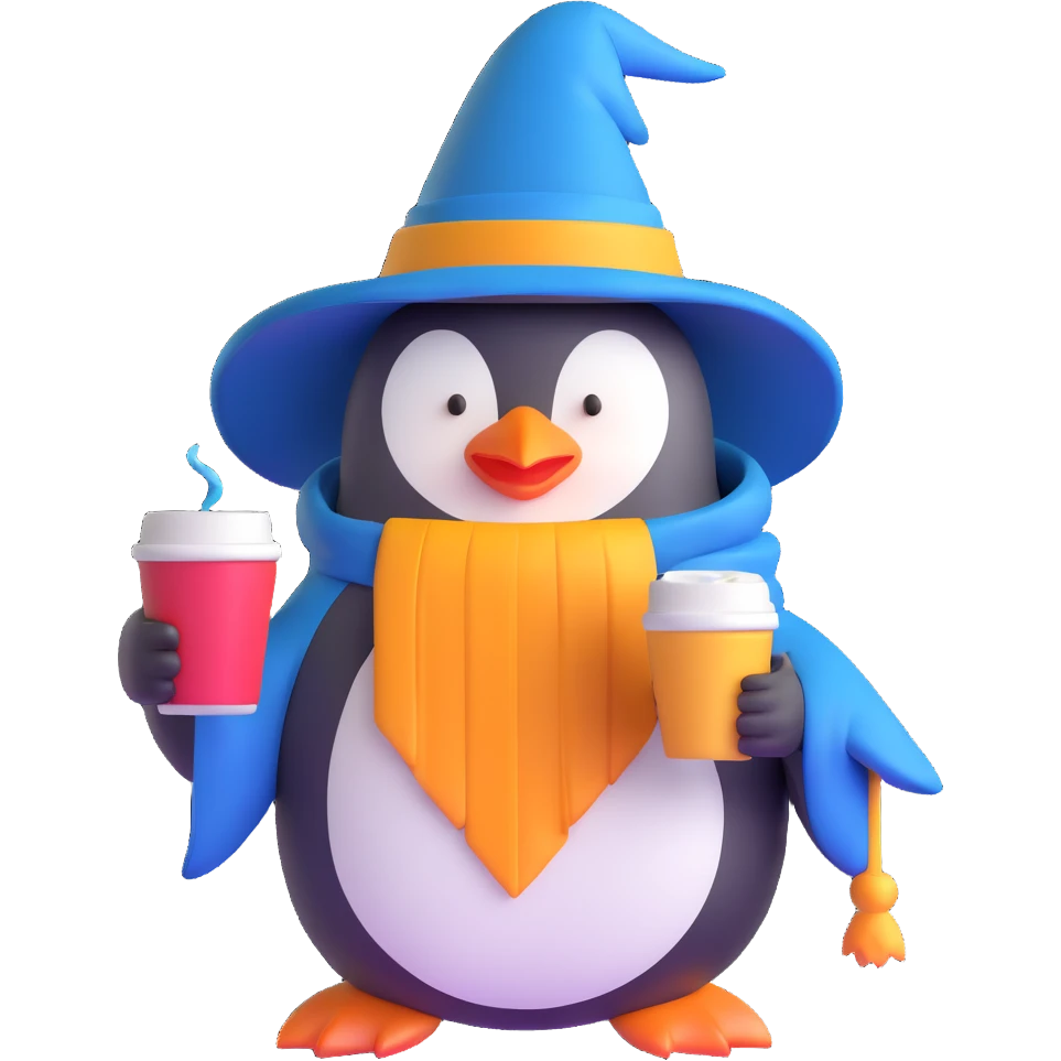 Penguin wizard drinking coffee while using iPhone emoji