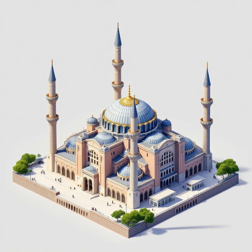 Isometric illustration of Istanbul, featuring real photorealistic Hagia Sophia with ts large central dome and four tall minarets, with real transparent background emoji