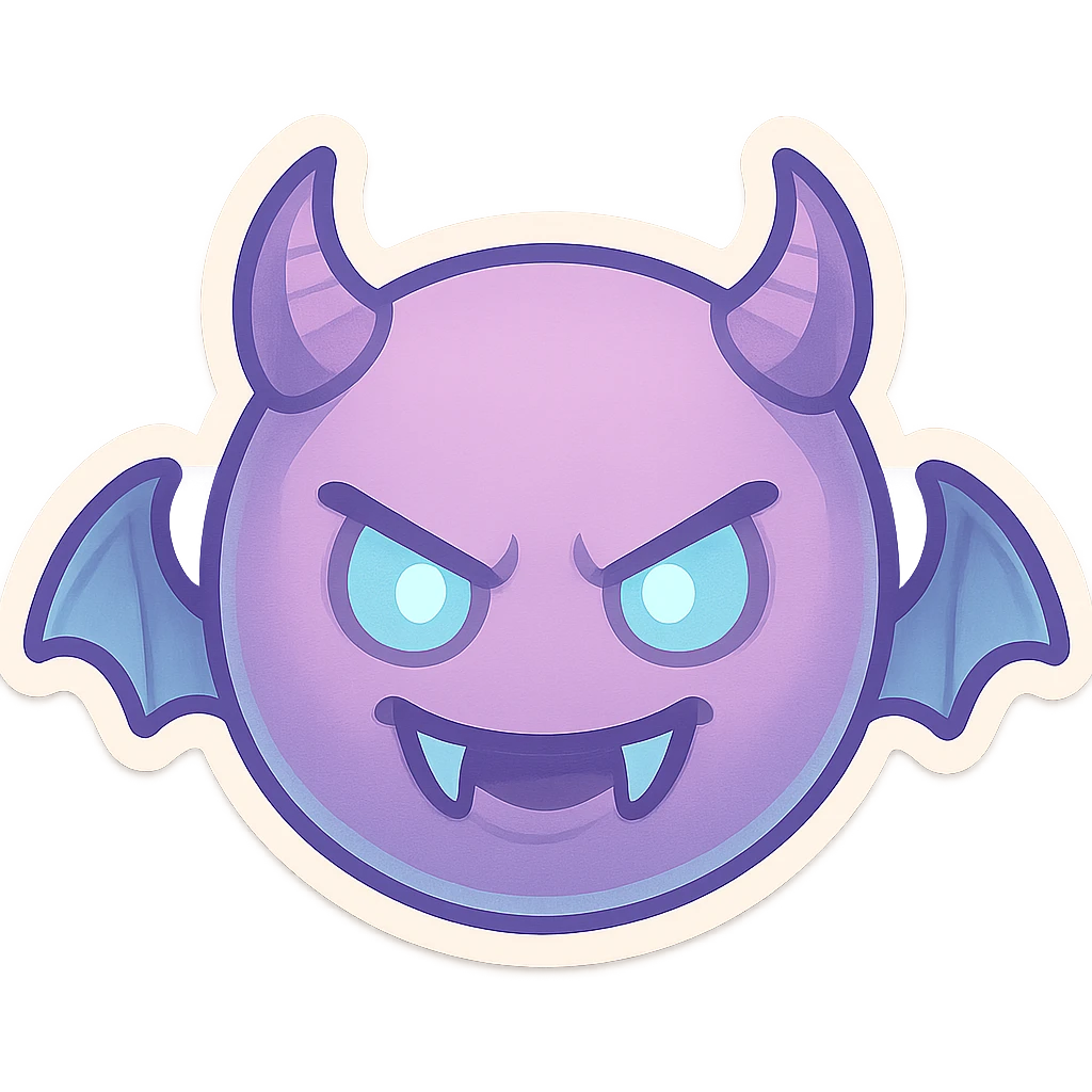 devil emoji in chibi style with pastel palette of soft purple and sky blue, sharp fangs, glowing eyes, dramatic shadows emoji