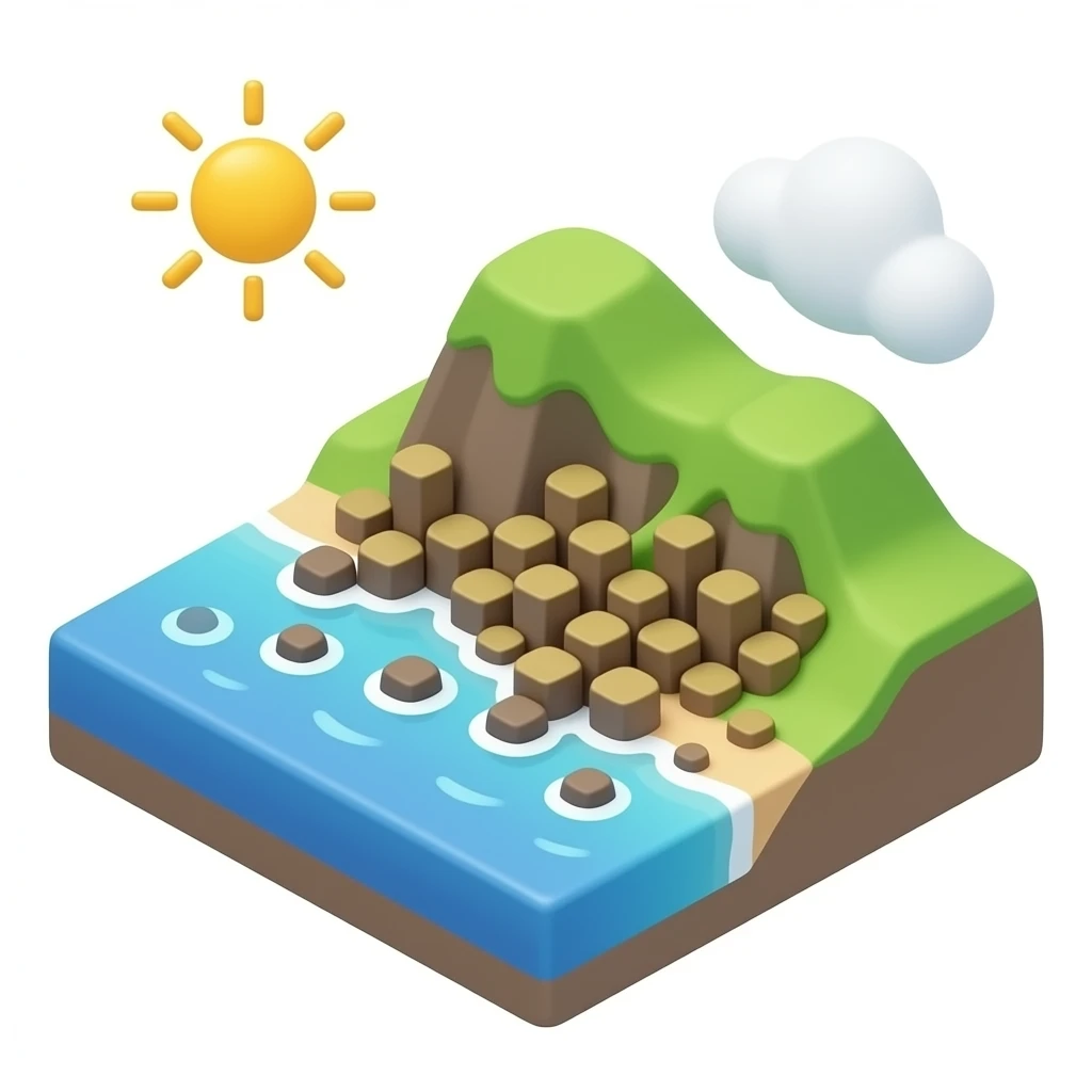 3D isometric miniature emoji of Giant's Causeway, hexagonal basalt columns by the sea, lush green hills, cute chibi style, rounded shapes, glossy vibrant colors, soft lighting, tiny diorama, minimal background emoji