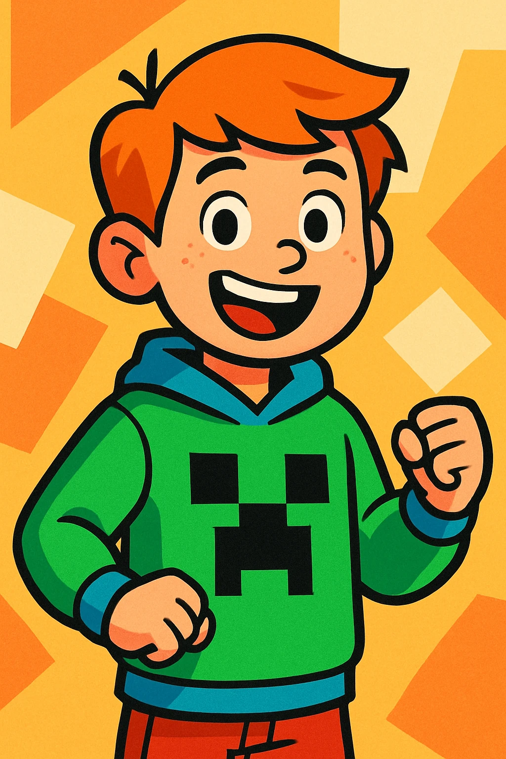 boy wearing a Minecraft-themed jumper, vibrant cartoon style emoji