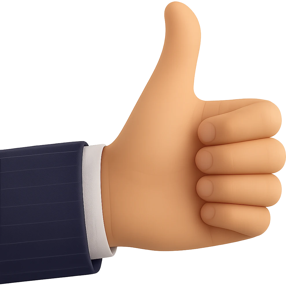 Change the shirt sleeve to navy with a line pattern matching the reference suit style. Keep the hand giving a thumbs up, 60% realistic, with a natural light tan skin tone. Maintain a transparent background. emoji