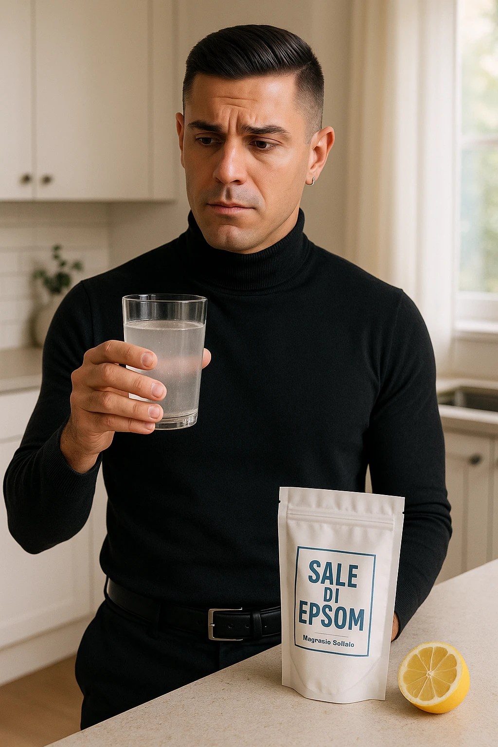 A realistic, bright photo-style image of a young man in his 30s standing in his kitchen, holding a clear glass filled with water in which Epsom salt (magnesium sulfate) has been dissolved. He looks focused but slightly uncertain as he prepares to drink it for a liver flush or digestive cleanse. The glass shows slight cloudiness from the dissolved salt. On the counter are a packet labeled 'Sale di Epsom' and a sliced lemon, suggesting he might use it to mask the taste. The setting is clean, natural, and bright with neutral tones. The background shows sunlight streaming through a window, emphasizing a clean, minimalist health-focused environment. The mood conveys a realistic, calm moment of self-care with a hint of discomfort, illustrating a natural detox practice in italiano emoji