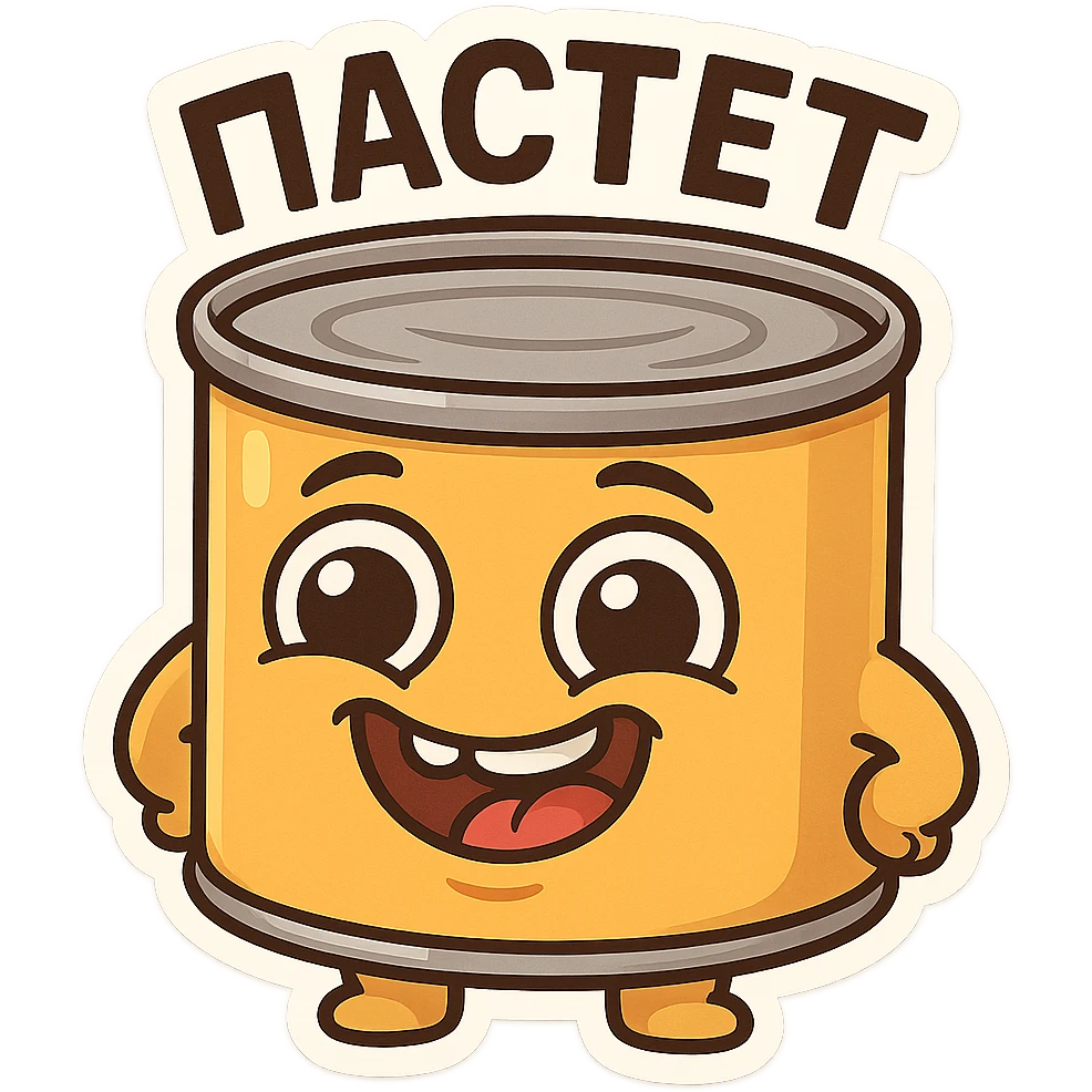 Funny pâté can character, smiling face with big eyes, goofy expression, cartoon style, chubby cute proportions, bright colors, playful illustration, meme-like vibe, text on top "ПАСТЕТ" in Cyrillic, bold and readable emoji