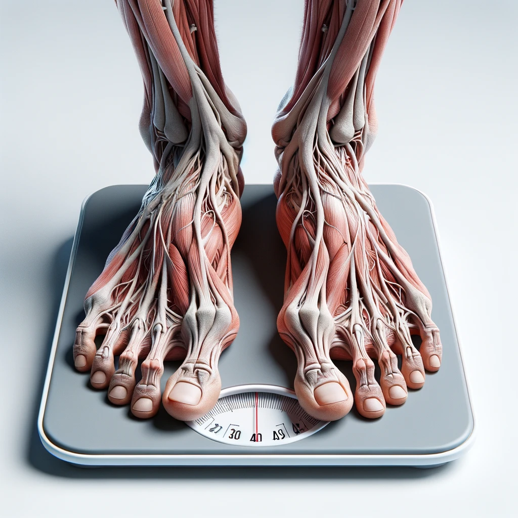piedi di un corpo umano anatomico su una bilancia pesapersone, si sta pesando perché è ingrassato, iperrealistico 4k, isolato su sfondo bianco emoji