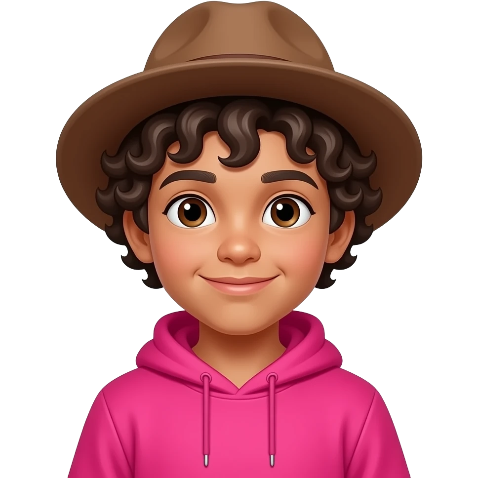 young boy with curly hairs wear vibrant pink color clothes and wear brown hat emoji