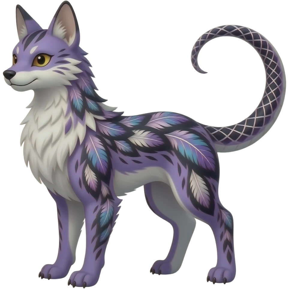 Grunge-patterned bohemian-patterned feathery elegant realistic Furry, feathery fluffy tropical flecked painted feathery scaly, Purple, white, black, Minccino-Bambino-Lykoi-Linoone-Zangoose-fusion-hybrid-animal-Fakémon-creature, full body, thin long sleek scaly tail, intricate markings emoji