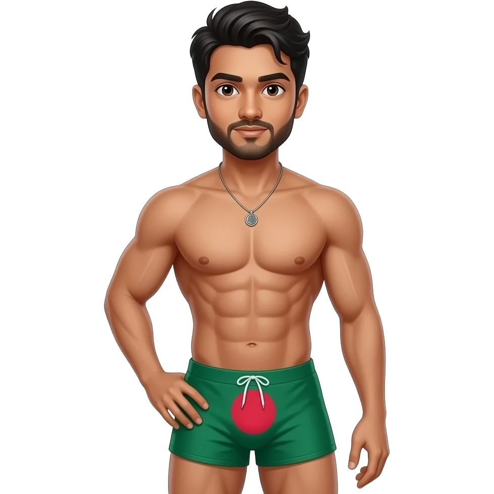 full body bangladeshi young male standing with muscular build in thong with bangladesh flag theme emoji