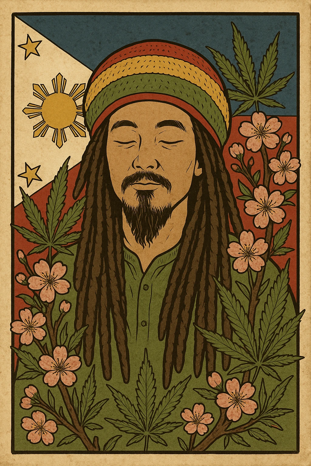 Vintage poster of an Asian Rasta with long dreadlocks, peaceful eyes, and a red-gold-green tam. Surrounded by cherry blossoms and ganja leaves. Background Asian flag. Retro reggae fusion vibe, with bold lines and aged paper texture. Philippines with the actual flag
 emoji