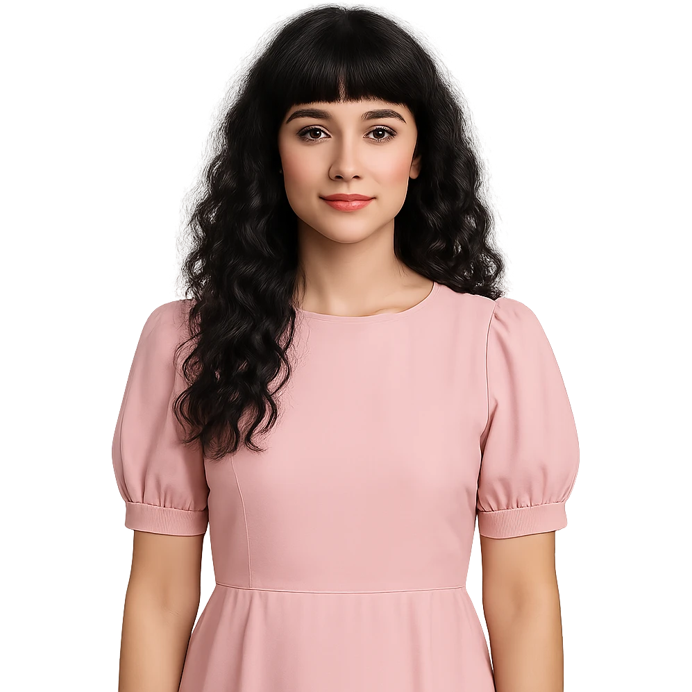 white woman, long black curly hair, bangs, dark brown eyes, pastel pink dress, standing emoji