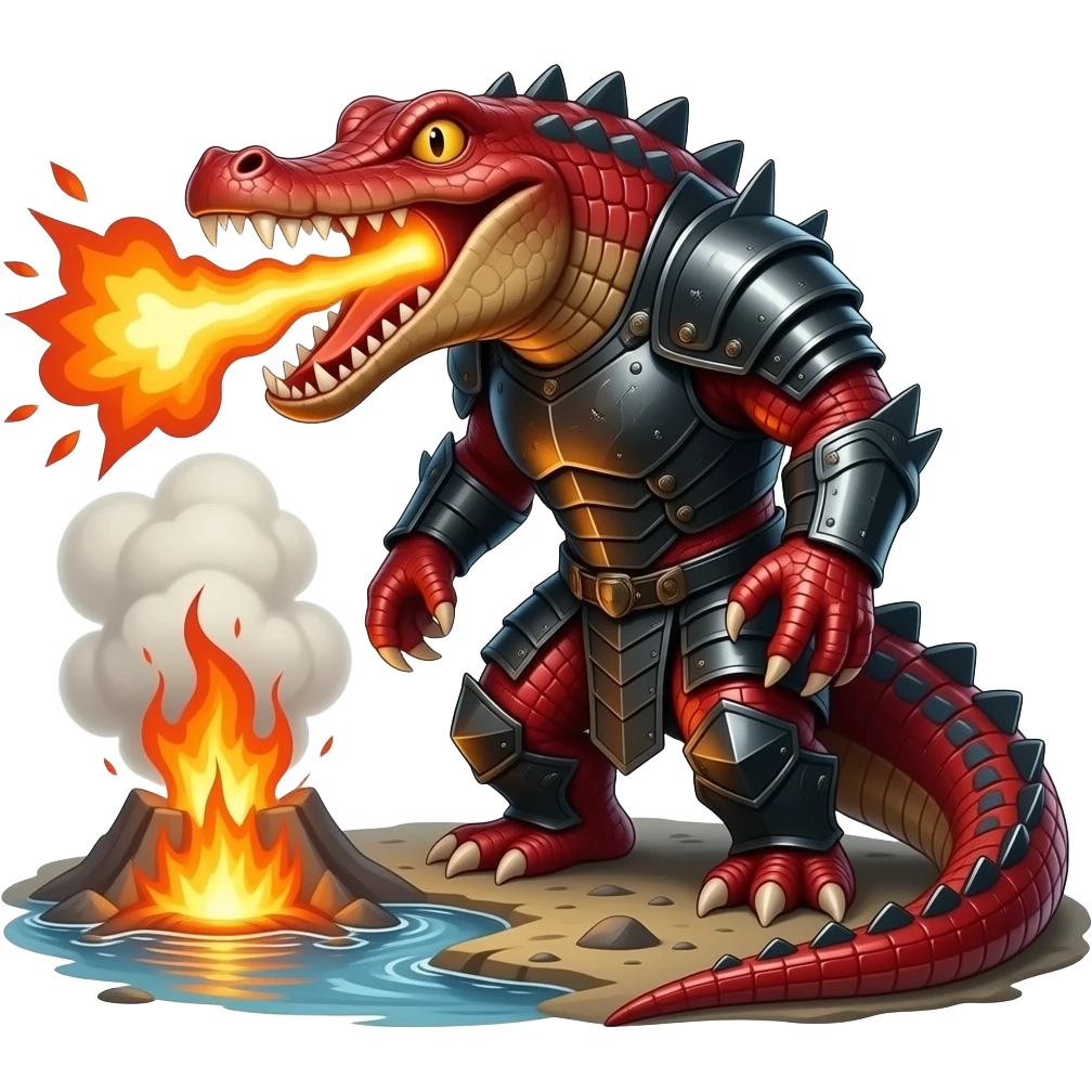 A red crocodile-like monster with charcoal armor plates and a furnace-hot jaw. It lurks near geothermal rivers and snaps with explosive bursts of heat. emoji