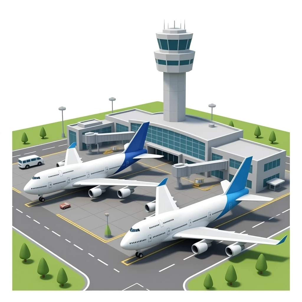 huge 3D airport terminal with big b747 and a380 planes and big ATC tower with no background and white borders emoji
