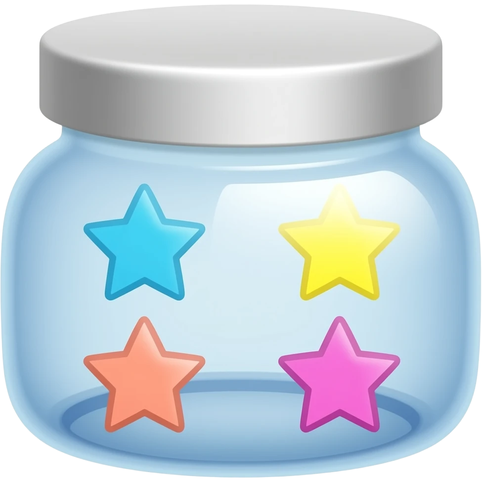 Pote tampado transparente  com estrelinhas azuis amarelas e rosas dentro emoji