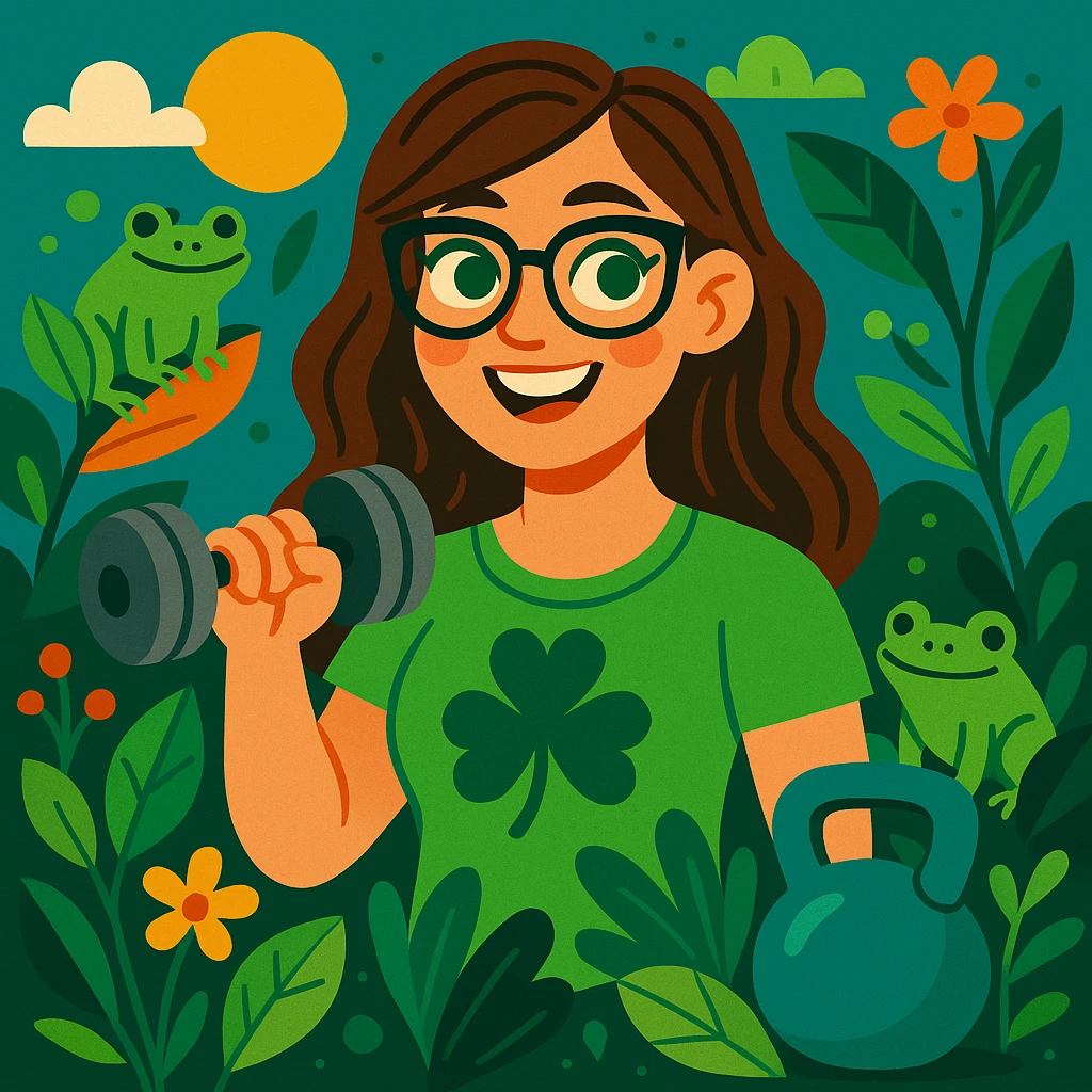 Irish woman with green eyes, brown hair, and glasses, surrounded by nature, frogs, plants, and weight training elements, vibrant illustration style emoji