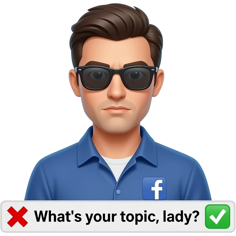 A informal man with sunglasses, glowing digital, symbols on the around, a left side Facebook logo, on the left shoulder, looking at viewer, a serious. Text on below banner: 'What's your topic, lady?' shimmering a red x cross and a green check icons emoji