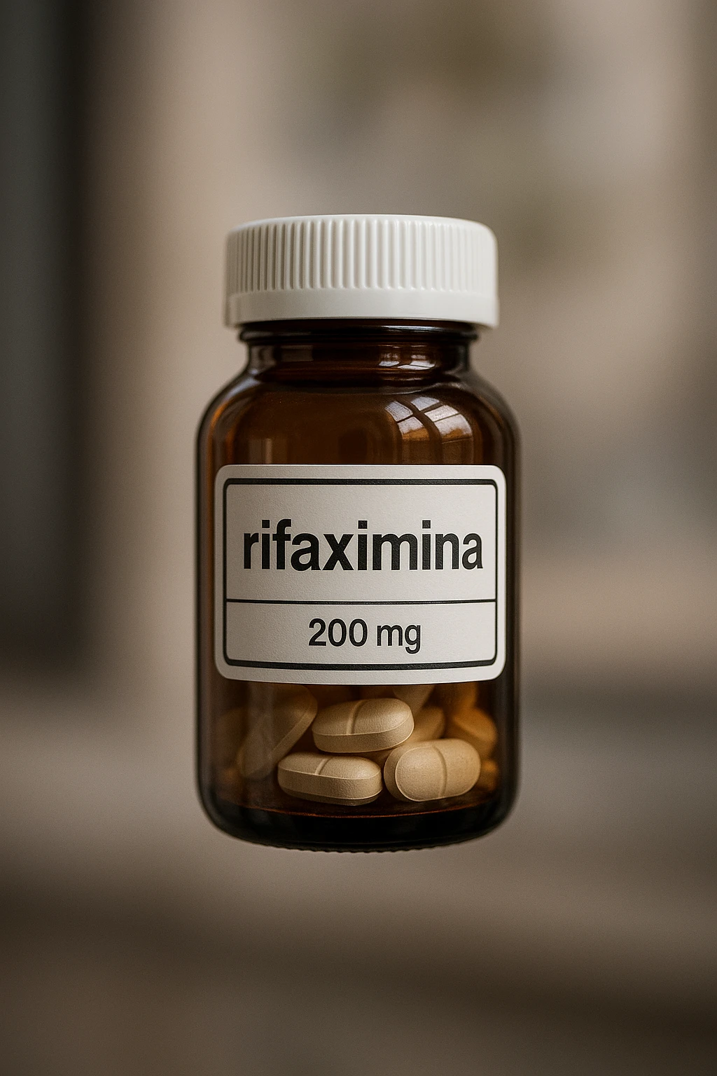 barattolo di medicinale con la scritta "rifaximina" sull'etichetta fluttua in aria, iperrealistico 4k emoji