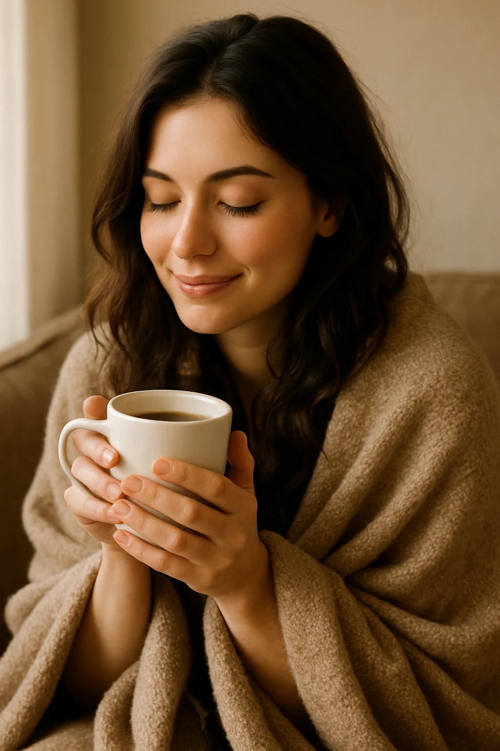 charming brunette girl wrapped in a blanket, enjoying coffee, peaceful and comfortable mood emoji