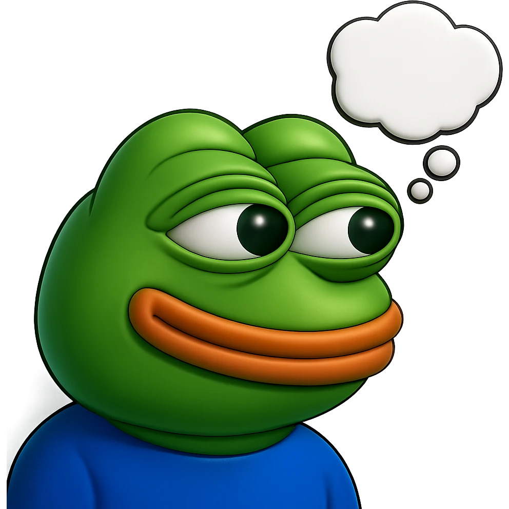 make a pepe in bright green smiling with thought bubble looking at right side in 3d style, good highlights and shadows, drop shadows emoji