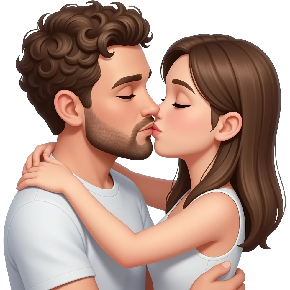 Realistic white man brown super short curly hair with beard kissing strongly and hugging realistic white girl brown straight hair emoji