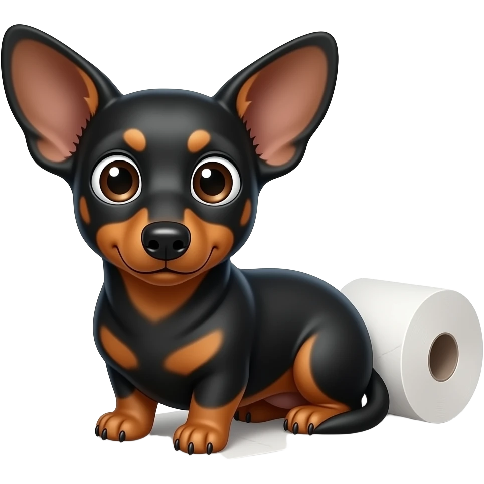 whimsical dachshund wide eyes full body sitting on a toilet paper ears up emoji