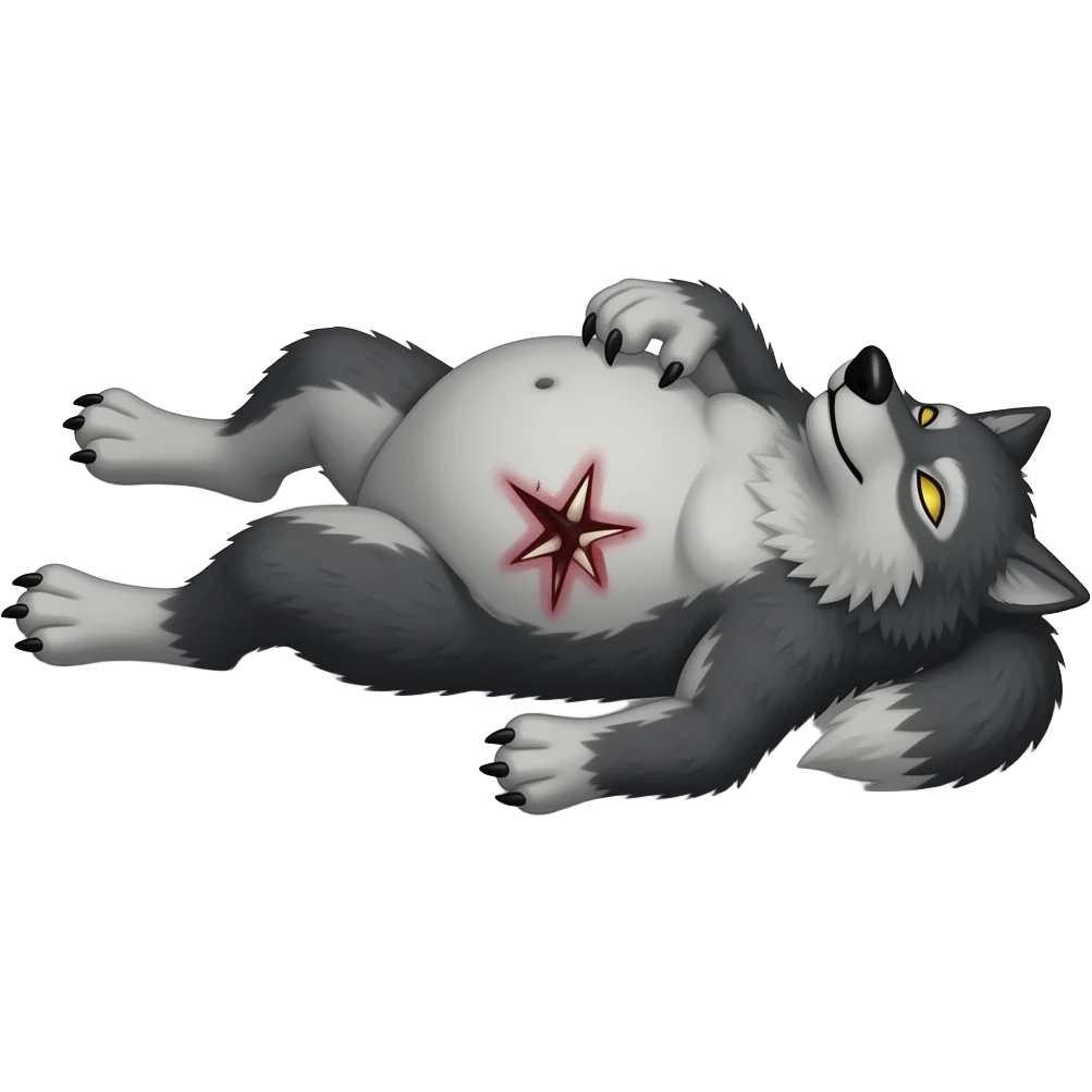 Hazme un lobo durmiendo y estirado. Tiene que tener mucha barriga. Tiene que ser malo. Tiene que tener una herida en la barriga emoji