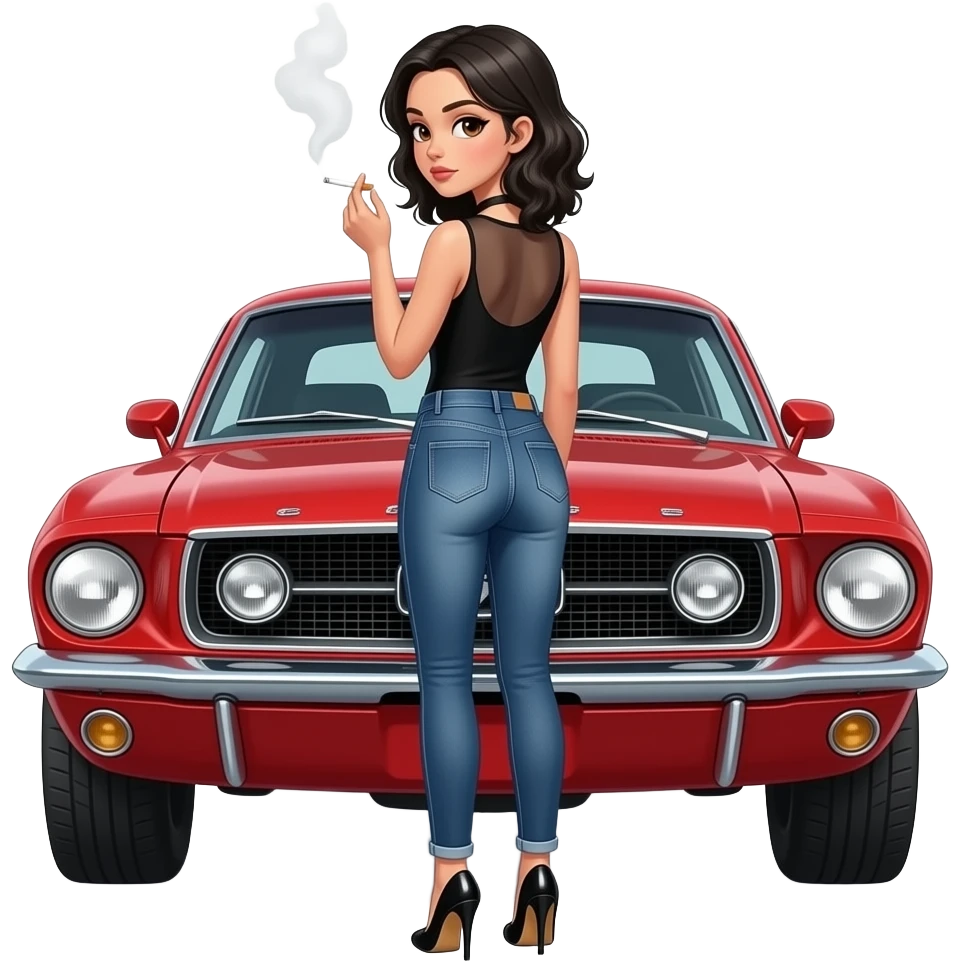Pale girl with black wavy hair and brown eyes backed from behind in front of a red ford mustang 1968 coupe. Girl wearing a sheer black sleeveless top, low rounded neckline, jeans and heels with visible toes. smoking cigarette. emoji