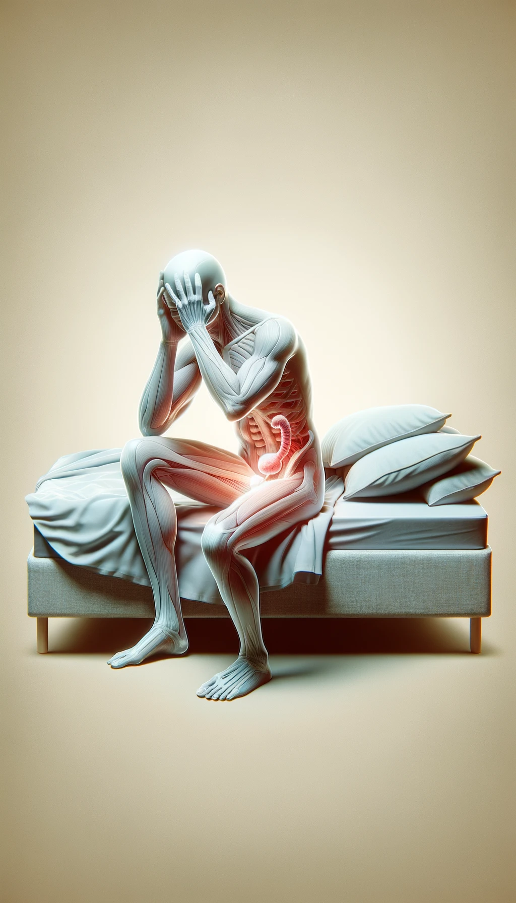 CORPO UMANO ANATOMICO SEDUTO NEL LETTO CHE NON RIESCE A DORMIRE, VESCICA ANATOMICA IN EVIDENZA, IPERREALISTICO SFONDO CHIARO NEUTRO emoji