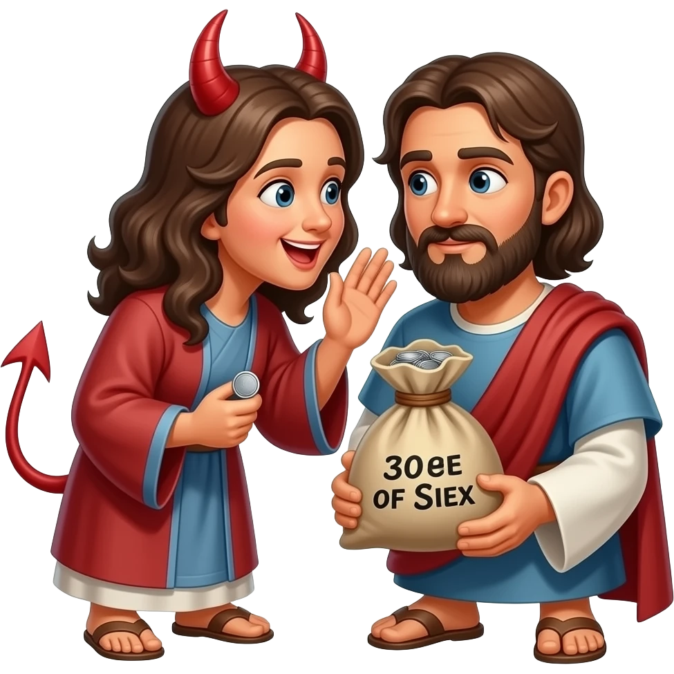 Satan whispering to a man wearing biblical clothes to sin for 30 pieces of silver in a bag emoji