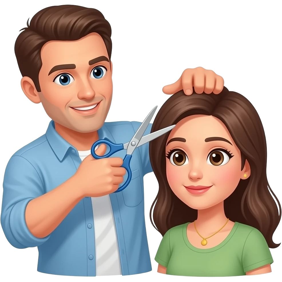Husband telling wife to put the scissors down and away from her hair because she she is going to mess it up emoji emoji