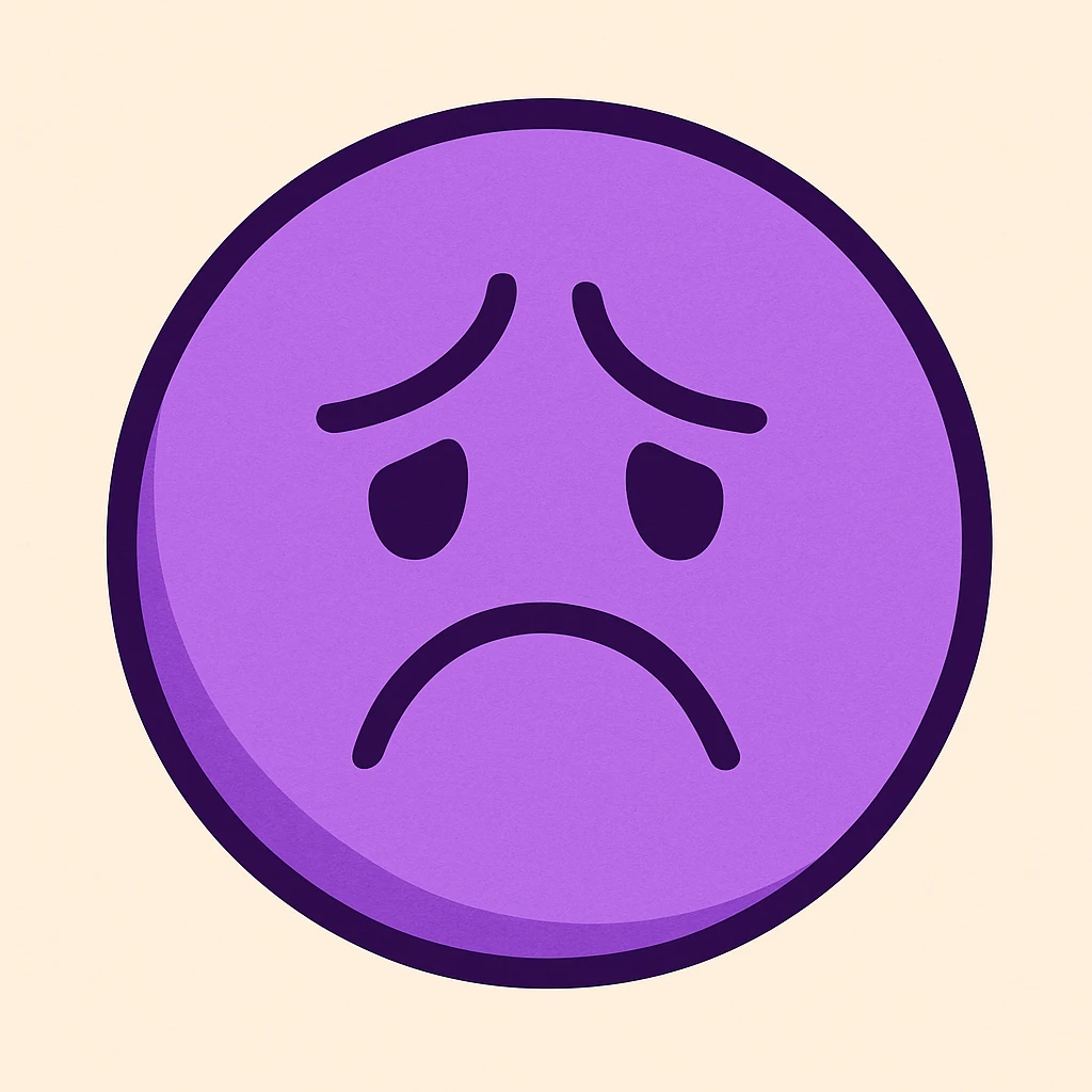 Create an emoji for 'Bad' in a flat, colorful, minimal style with a sad face and purple color, matching the style of the reference image. emoji