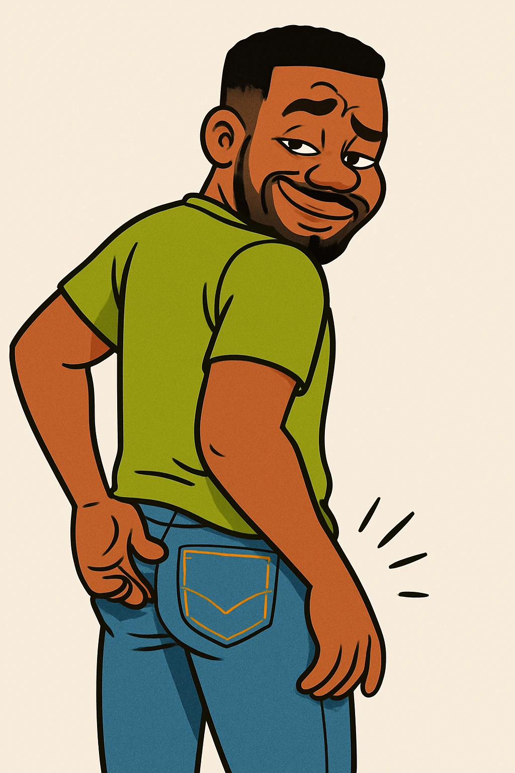 Make the character more cartoonish with exaggerated features, keeping the pose of scratching his backside. Use bright colors and a playful style, maintaining a lighthearted and non-explicit tone. emoji