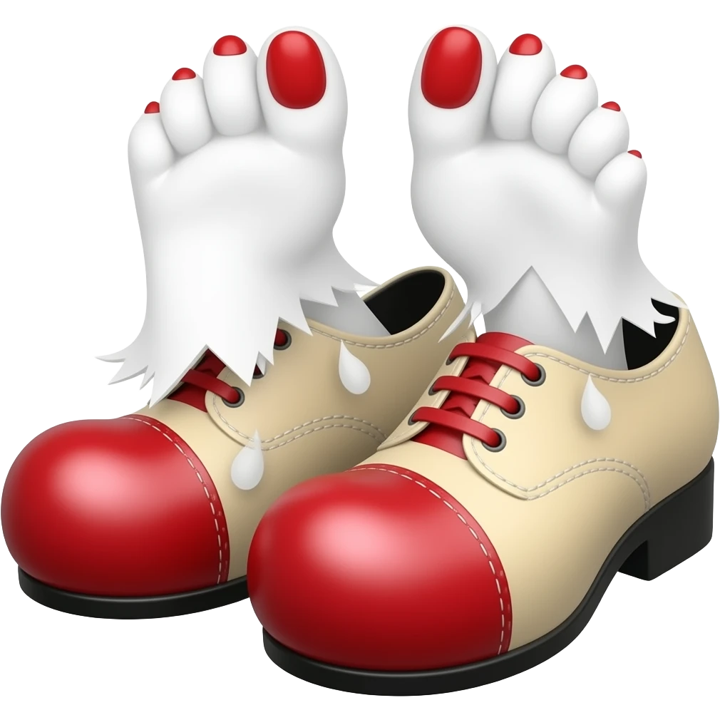 White toes with red toenails ripping out of clown shoes emoji
