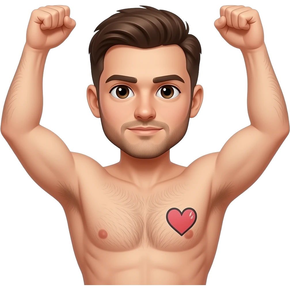 A guy with no shirt on with his arms up having hairy armpits with a heart in the armpit emoji