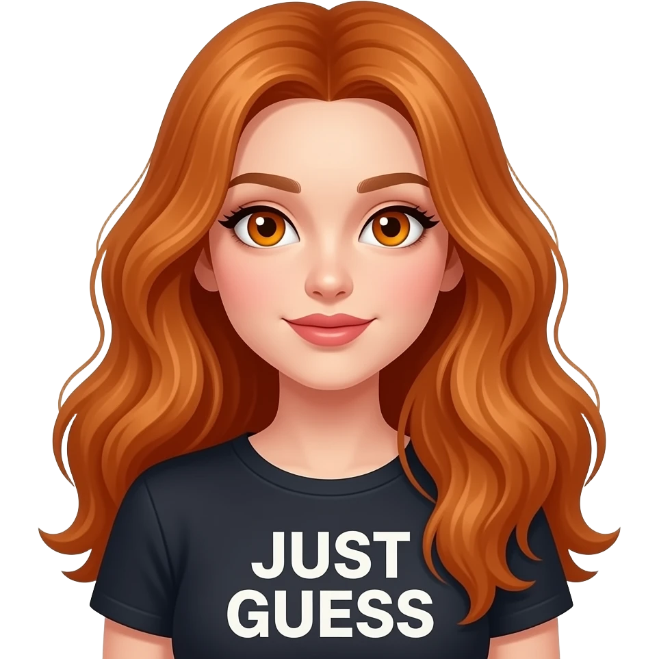 sexy girl with overlong ginger hair and ginger eyes a top with JUST GUESS... written on it emoji