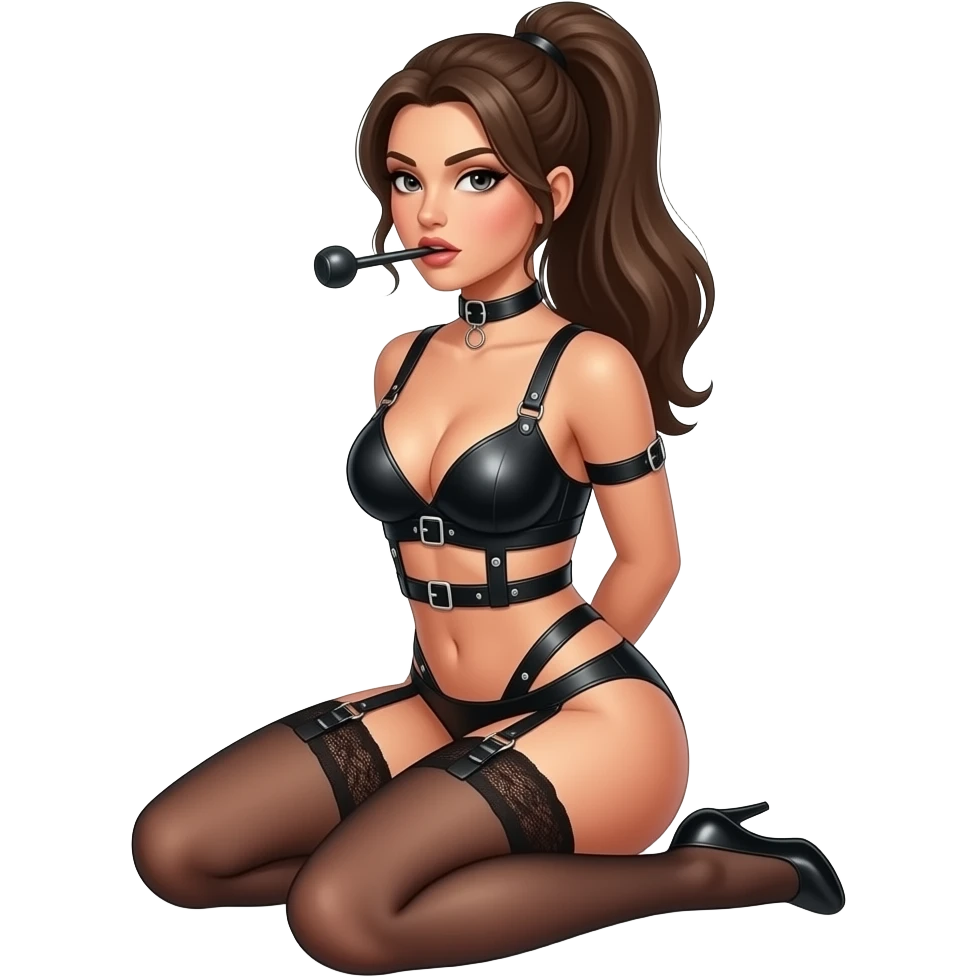 Women in bdsm Dessous. Heat leather Harness with stripes to the hair . Pumpgag in Her mouth. Setting on her knee. Arms behind the body. emoji