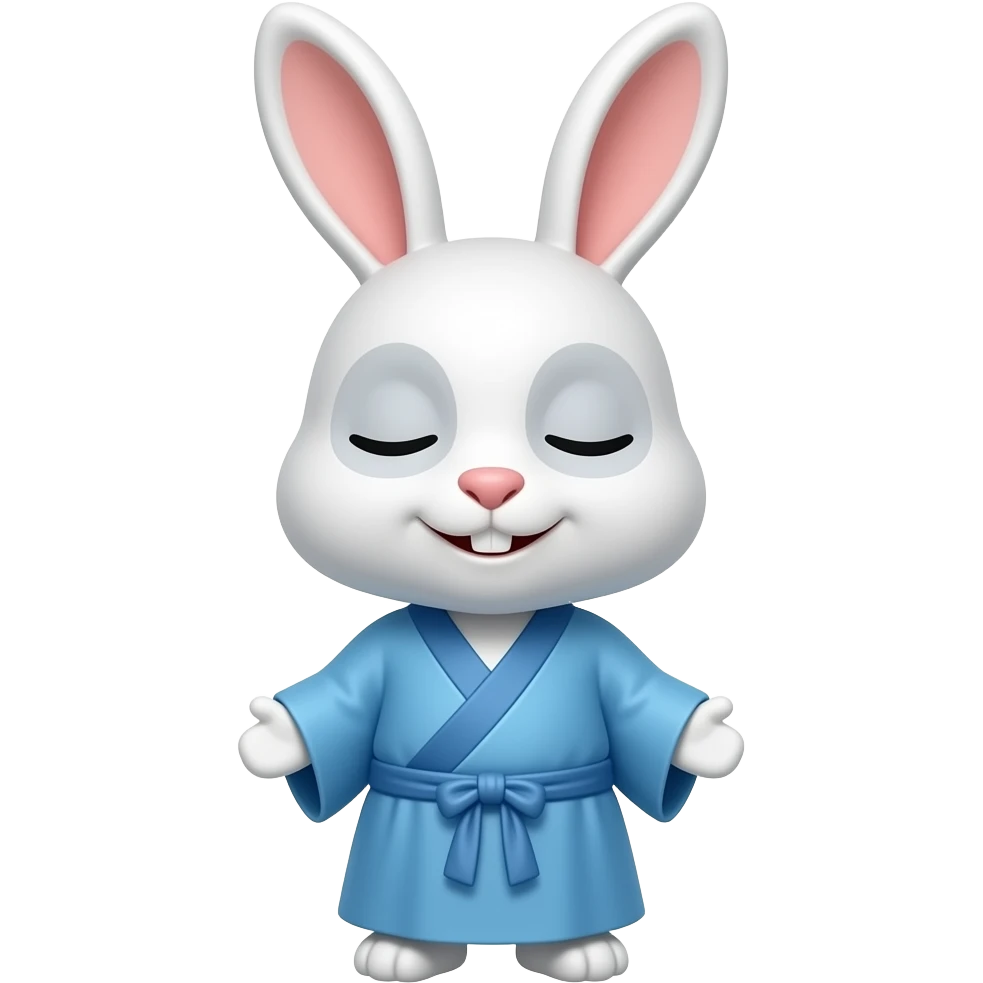 A bunny wearing spiritual clothes blue in color looking very happy smiling with eyes closed, looking super sleepy emoji