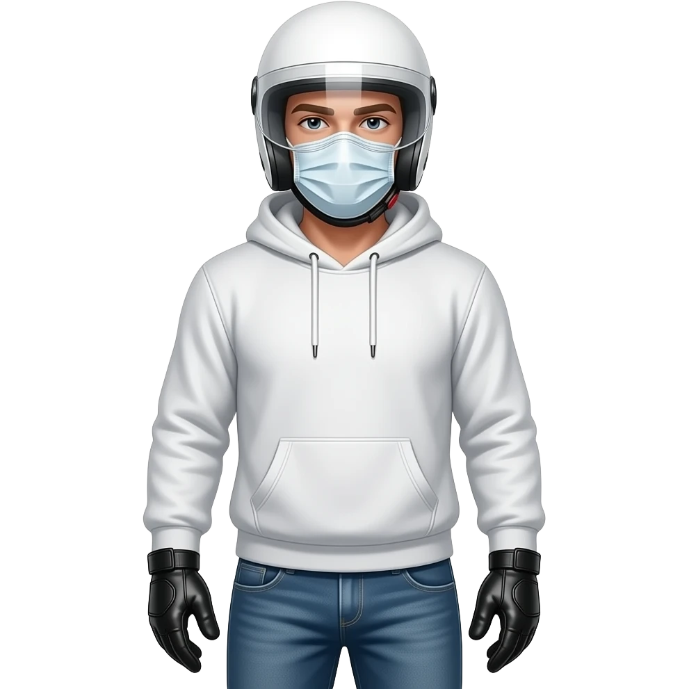 man wearing blue jeans, a white hoodie, black leather gloves, a white helmet with an unvisible eyes shield and a white mask emoji