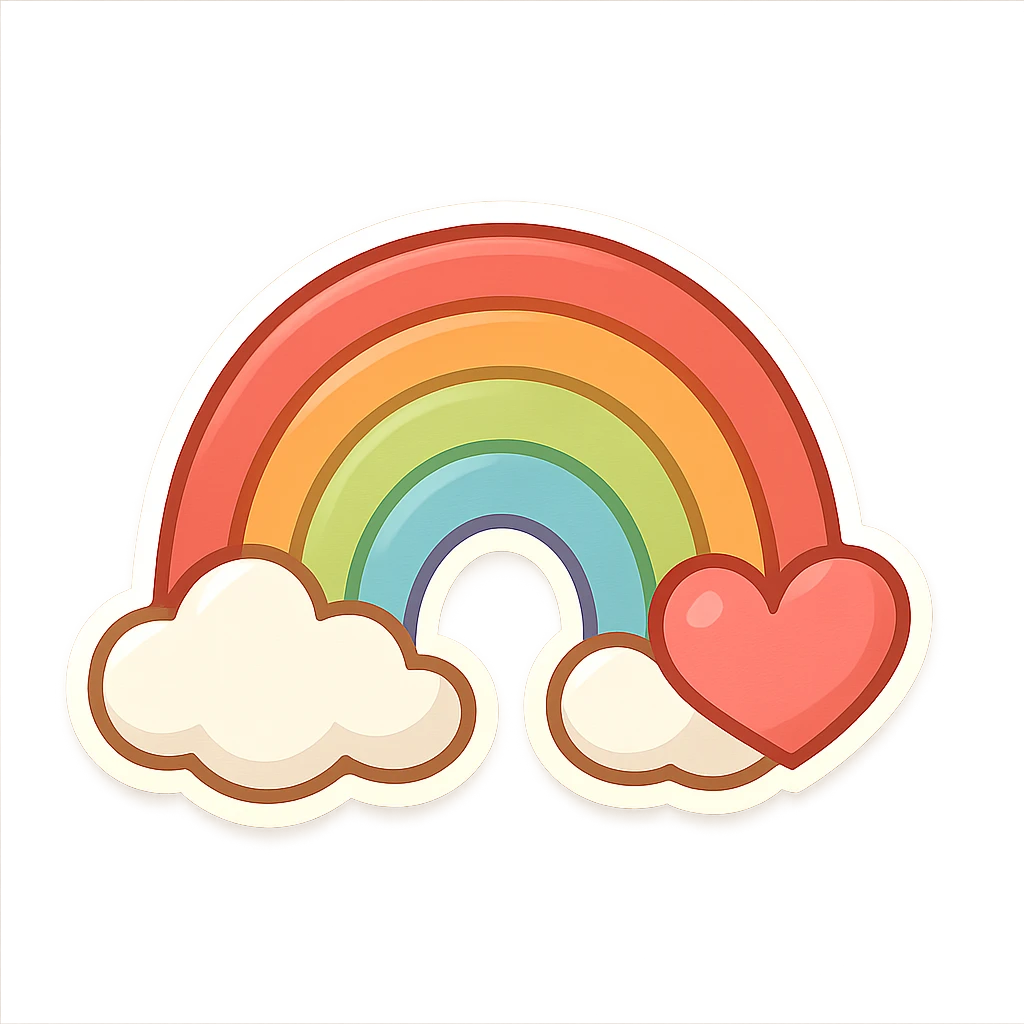 chibi sticker-style rainbow with a heart accent, cute and exaggerated emoji