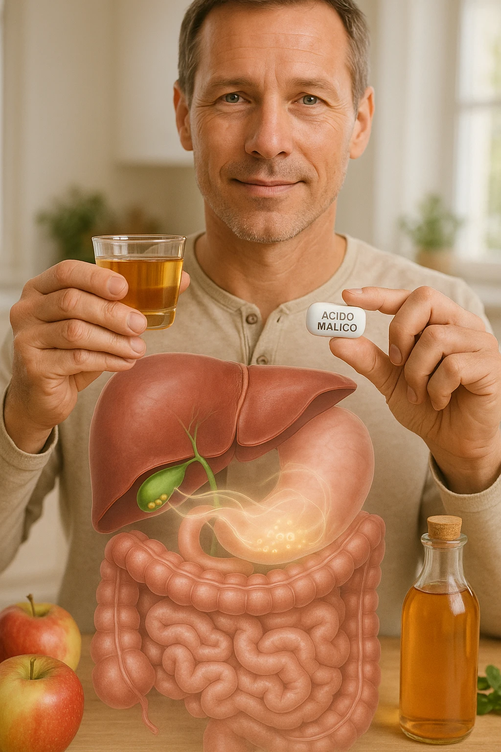 A detailed, realistic illustration or photo-style image showing a person holding a small glass of apple cider vinegar in one hand and a capsule labeled ‘Acido Malico’ in the other. In the foreground or as an overlay, a semi-transparent anatomical view of the abdomen highlights the gallbladder with visible small gallstones inside. Around the gallstones, gentle glowing waves or soft dissolving effects symbolize the softening or breakdown of the stones due to the natural acids. The person looks hopeful and calm, in a bright kitchen setting with fresh apples and natural health products on the counter. The overall mood is informative, natural, and hopeful about non-invasive, natural support for gallstone health emoji