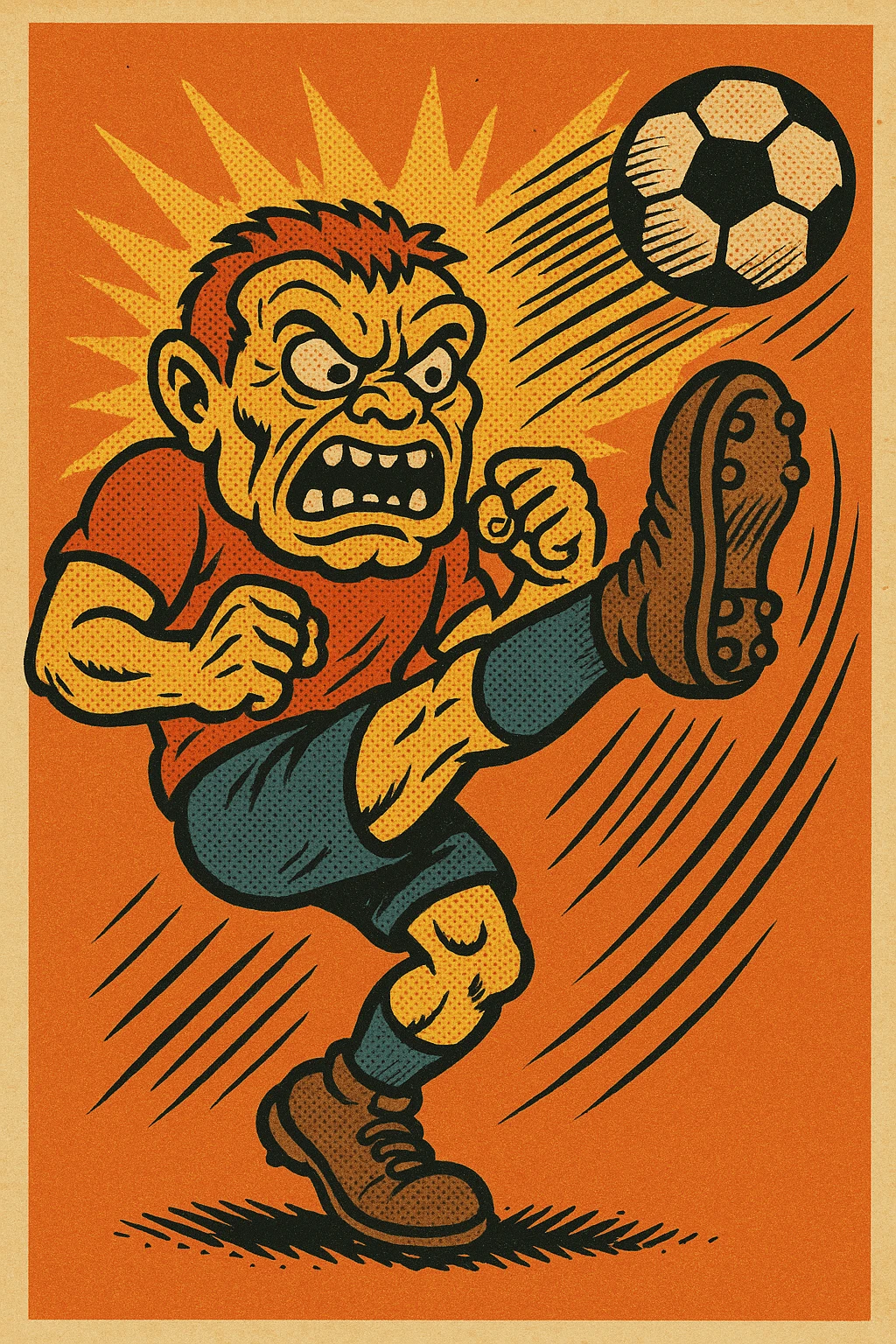 grotesque angry face executing a powerful high kick, ball flying, motion blur, bold colors, comic book style emoji