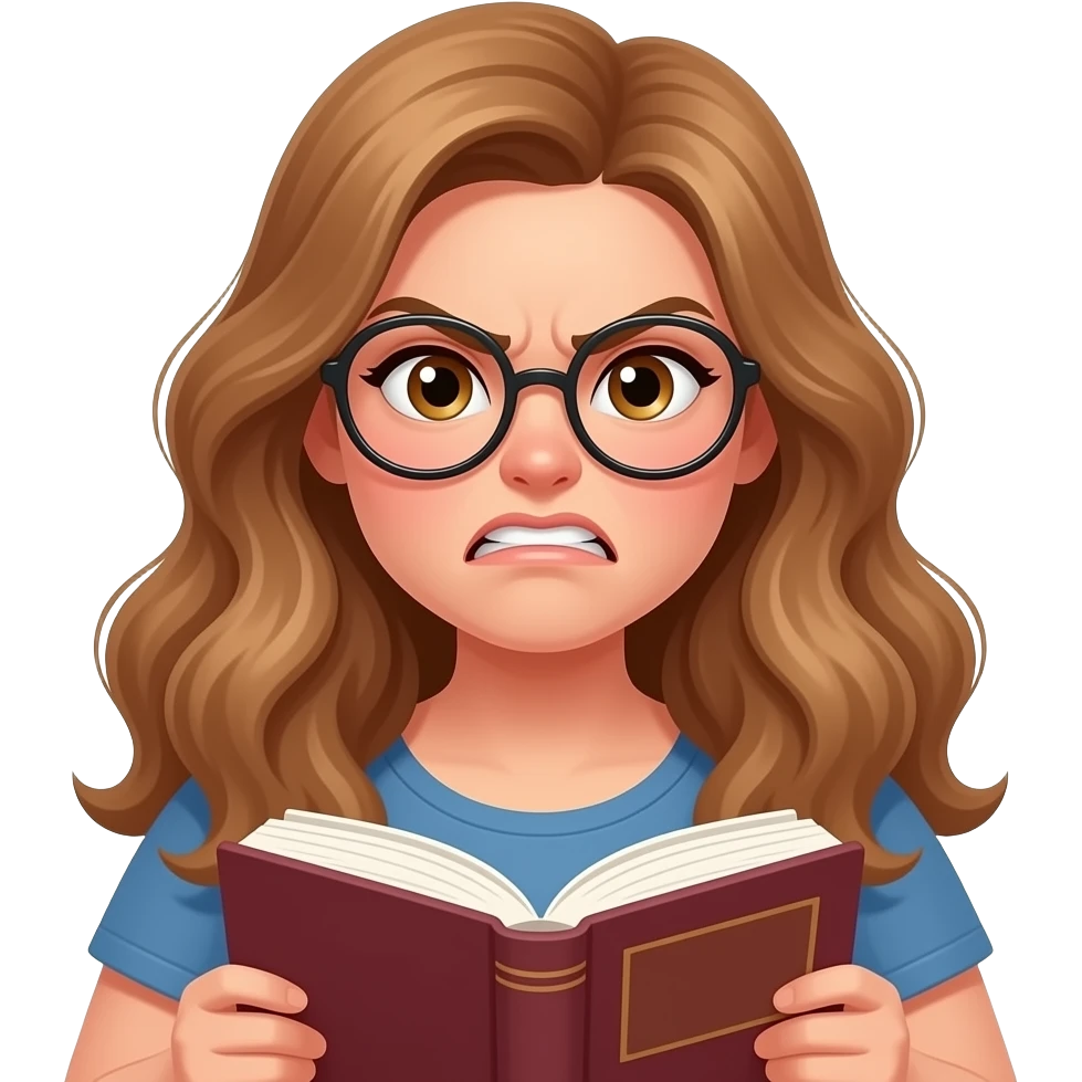 detailed emoji illustration of a curvy woman with long light brown wavy hair, light brown eyes and round glasses holding a book with an angry expression, frustrated by the story, cute emoji style emoji
