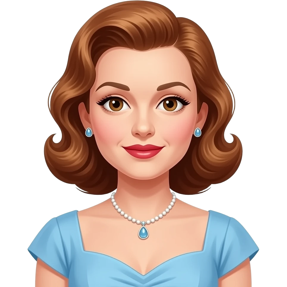 Judy Garland with brown eyes, long auburn 40s pin-up hair, light blue hollywood dress, necklace and earrings emoji