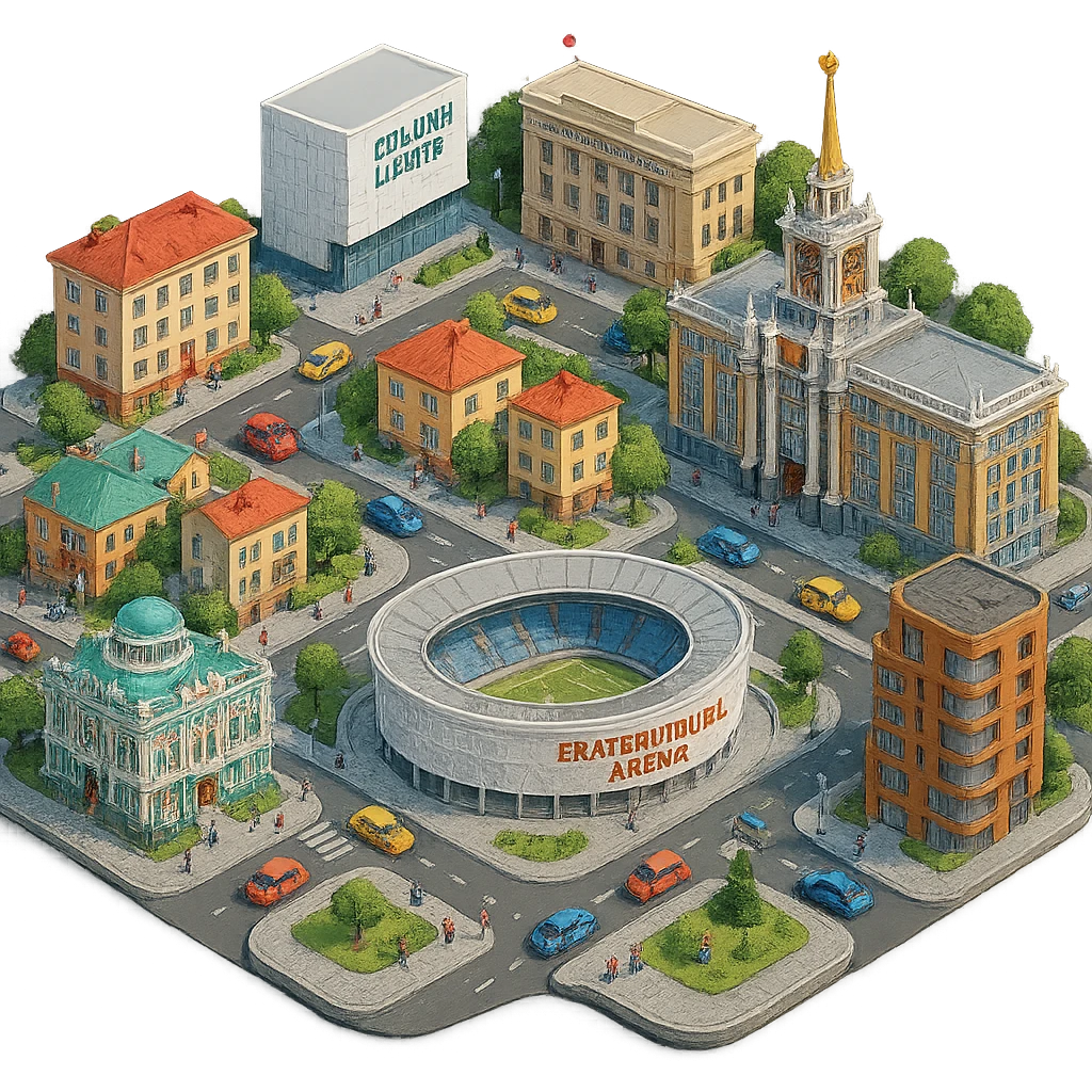 Изометричная миниатюрная фотореалистичная 3D модель Екатеринбурга - Дом Севастьянова, Ельцин-центр, Уральский федеральный университет, дома, Екатеринбург Арена, Медный дом, Здание Свердловского городского совета народных депутатов четкая детализация, яркие цвета, мультяшный реализм, люди, автотранспорт, компактная композиция, вид сверху в изометрии, прозрачный фон emoji