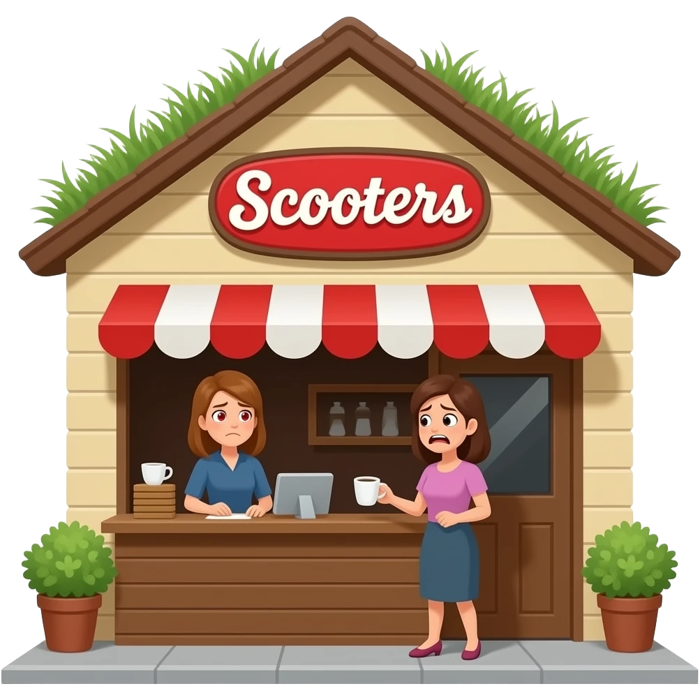 A coffee shop named "Scooters" with a pitched roof with grass growing on it. The logo is red, the building walls are tan and brown. A lady with red stressed eyes is working the counter.  Another lady, even more stressed and mad buys coffee. emoji