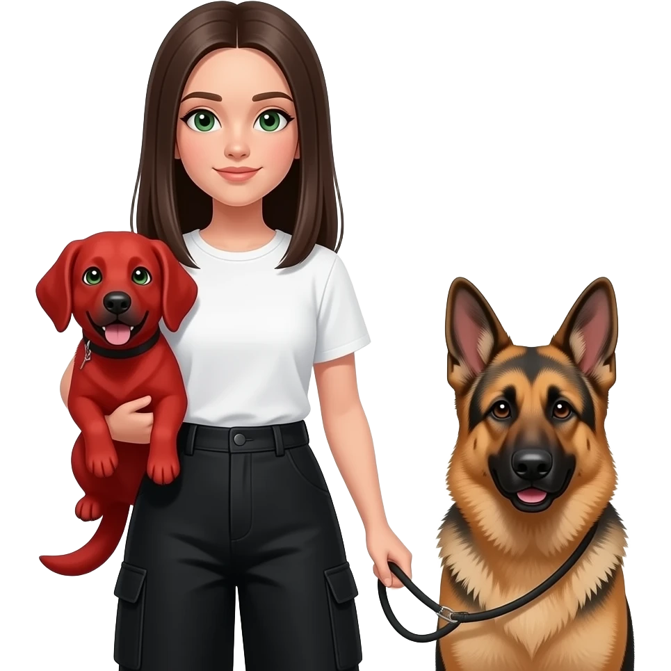 Сделай девочку брюнетку прямые длинные волосы темно зеленые глаза в белой футболке она не должна быть длинно и заправленнойв оверсайз черных штанах в руках у нее рыжий кок со светло зелеными глазами и еще у нее в руке поводок черный от немецкой овчарки и ета собака коло девочки emoji