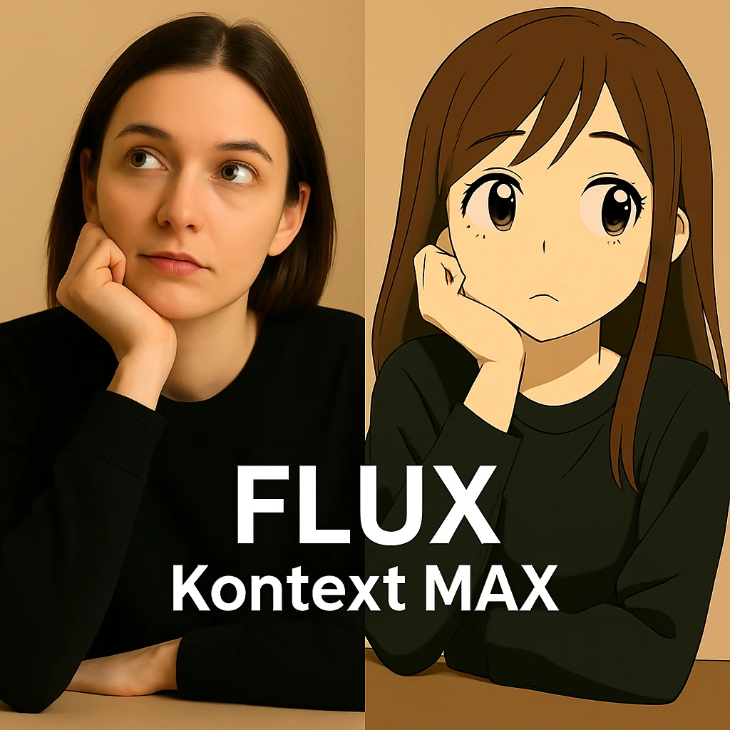 same similar image but chnage the text to "Flux Kontext Max", change people and pose too emoji