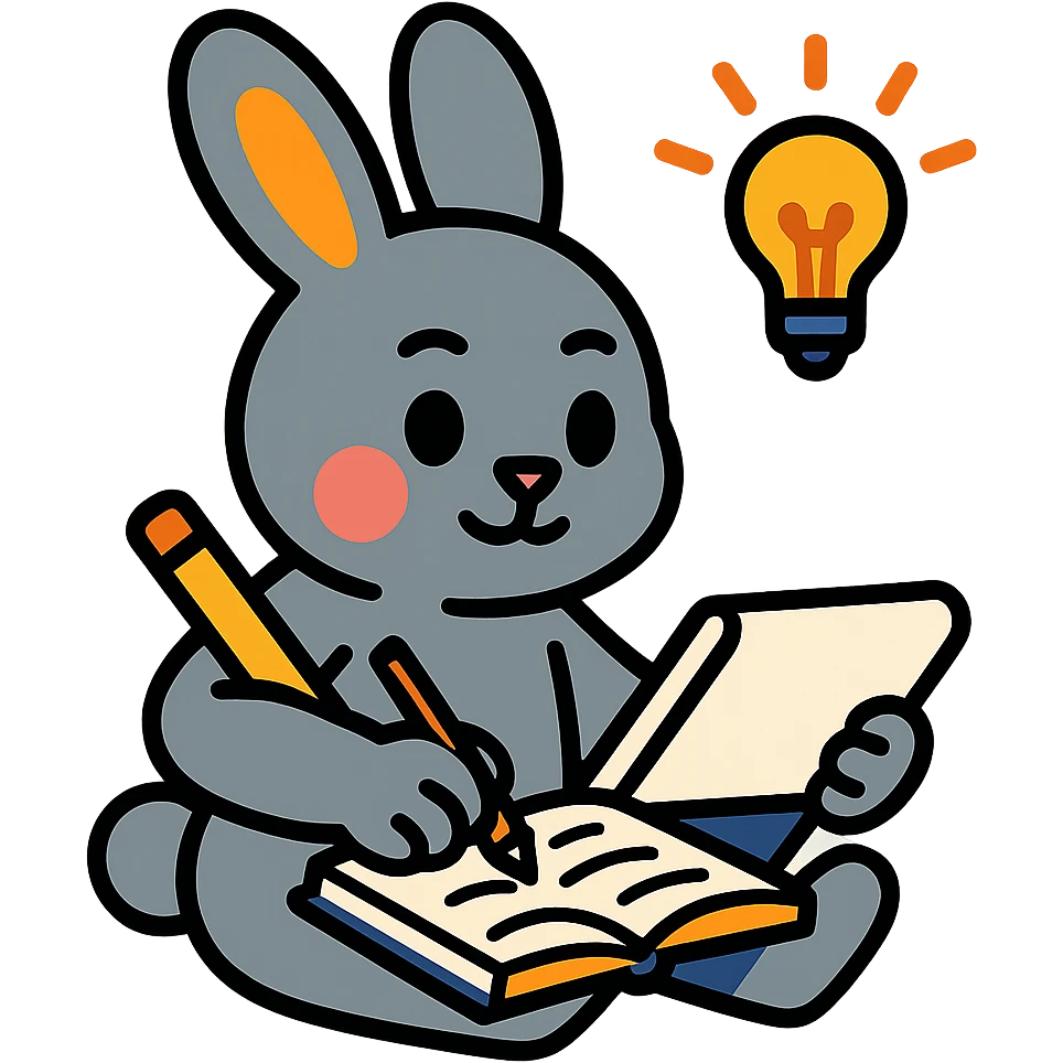 gray bunny writing in notebook with spark of light, vibrant-toon style emoji