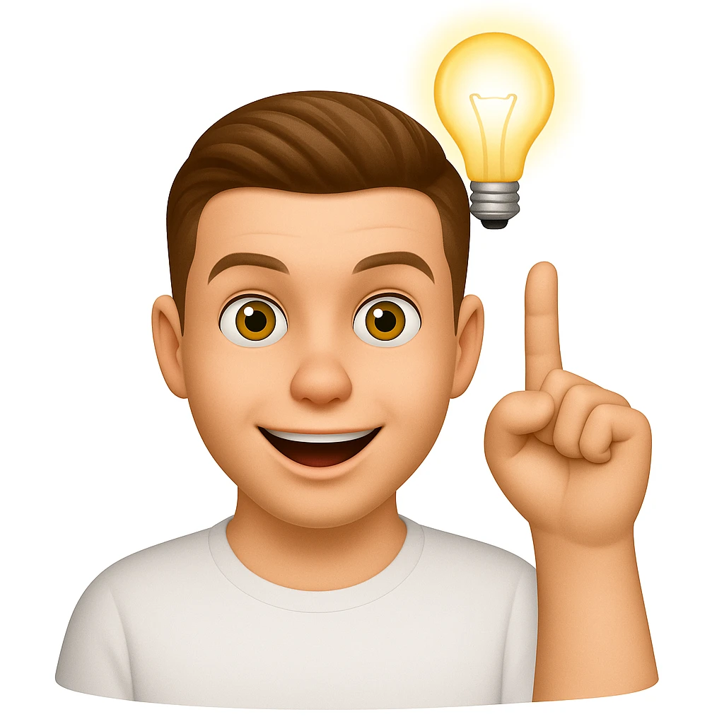 Based on these photos, make an emoji with facial features preserved, man in white t-shirt, got an idea, light bulb over head emoji